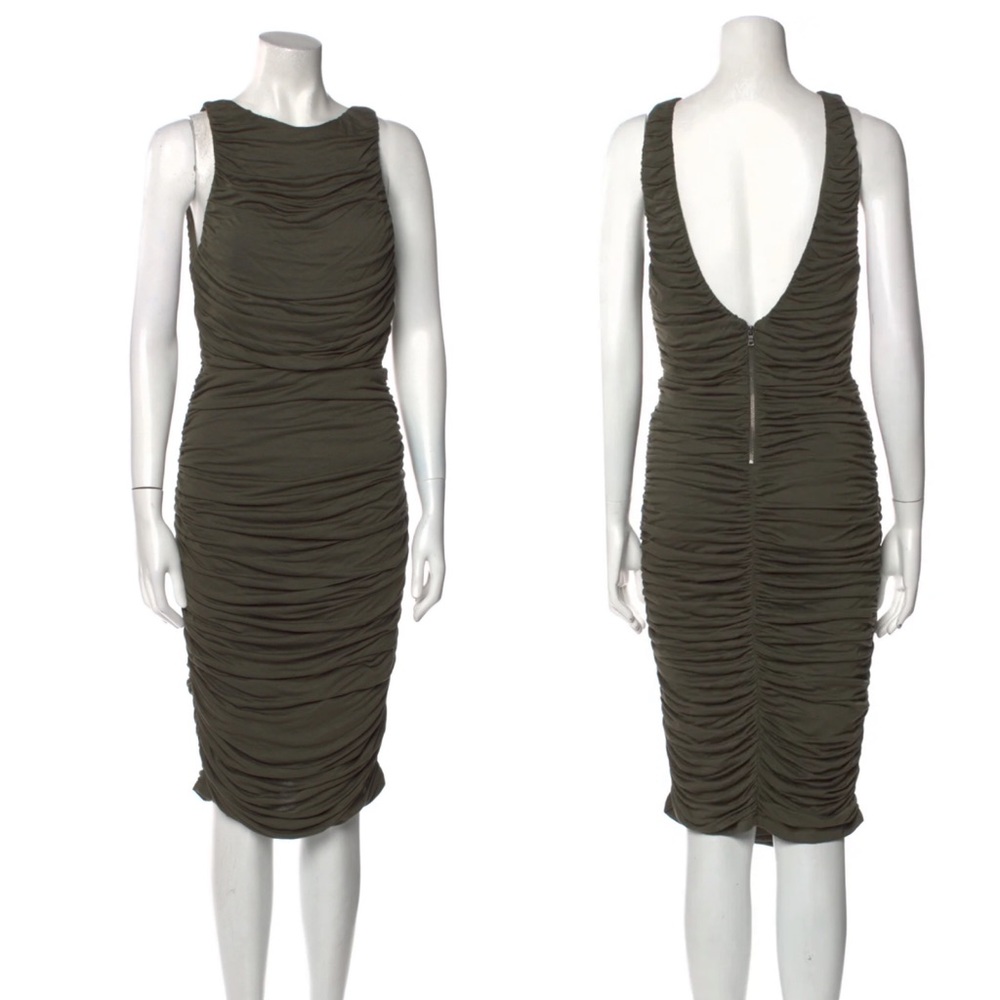 Alice and Olivia Bateau Neckline Olive Ruched Stretch Dress Size 0
